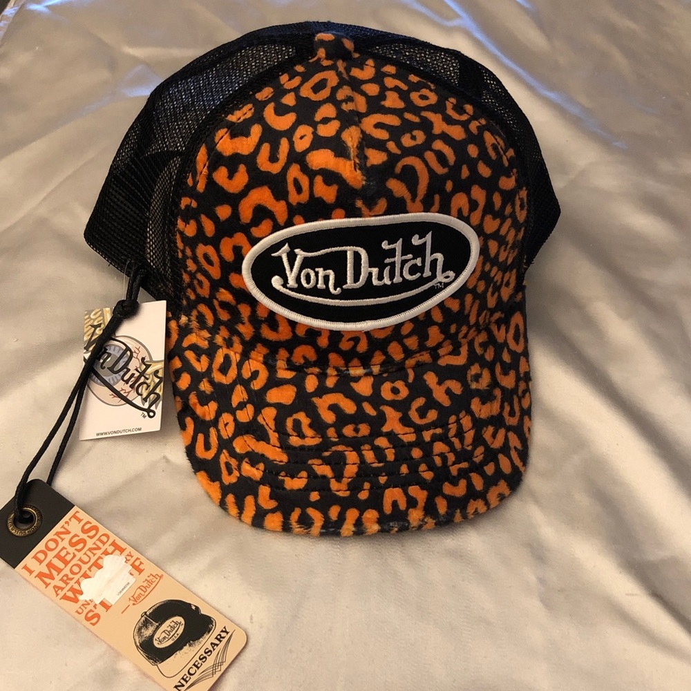 Von Dutch Orange Cheetah Velvet Crush Black Mesh Trucker Cap OS Logo Patch NWT
